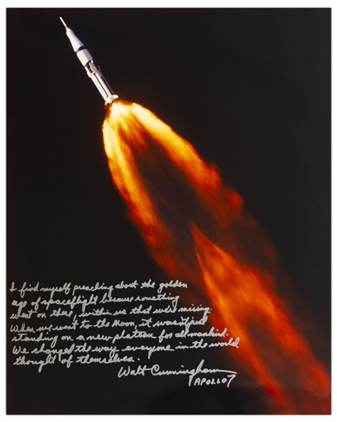 Walter Cunningham Signed 16'' x 20'' Photo With Poignant Message on the Legacy of Space Travel -- ''...We changed the way everyone in the world thought of themselves...''